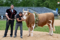3. Mai 2026. Schwingen - Emmentalisches Schwingfest Oberdiessbach 1.-3. Mai 2026.  Rangverkündigung. Festsieger Adrian Walther (Habstetten) mit Sieger Muni Galileo. Züchter und Besitzer Daniel Graf (Bleiken) Spender MMR Metall AG (Zäziwil) Markus Moser  (Bild: Rolf Eicher)