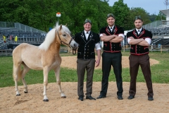 3. Mai 2026. Schwingen - Emmentalisches Schwingfest Oberdiessbach 1.-3. Mai 2026.  Rangverkündigung. Neukranzer Florian Matter (Rubigen) mit dem Fohlen Fanny und seinen Mittelländer Kollegen Adrian und Reto Walther. (Bild: Rolf Eicher)